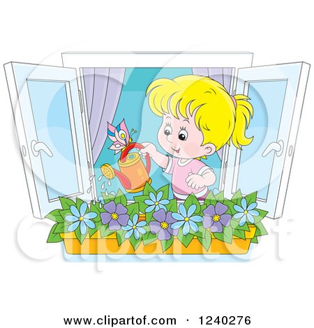 Clipart of a Happy Blond Girl Watering a Window Planter - Royalty Free Vector Illustration by Alex Bannykh
