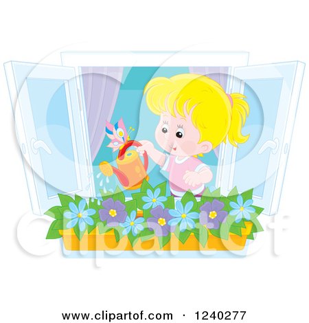 Clipart of a Happy Blond Caucasian Girl Watering a Window Planter - Royalty Free Vector Illustration by Alex Bannykh