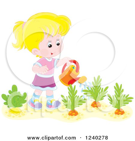 Clipart of a Happy Blond Caucasian Girl Watering a Carrot Garden - Royalty Free Vector Illustration by Alex Bannykh
