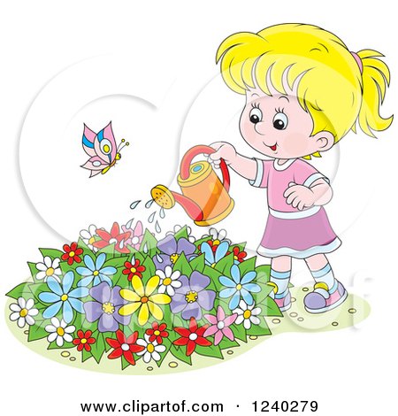 Clipart of a Happy Blond Girl Watering a Garden - Royalty Free Vector Illustration by Alex Bannykh