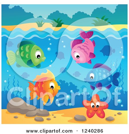 Clipart of Happy Fish and a Starfish Under the Surface of Water 2 - Royalty Free Vector Illustration by visekart
