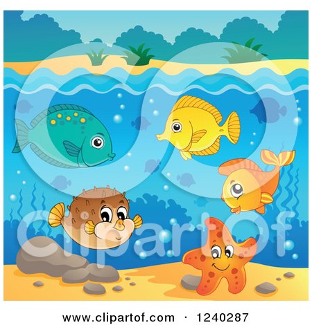 Clipart of Happy Fish and a Starfish Under the Surface of Water 3 - Royalty Free Vector Illustration by visekart