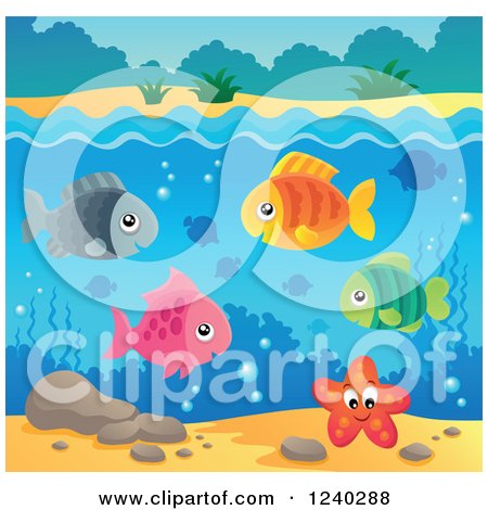 Clipart of Happy Fish and a Starfish Under the Surface of Water - Royalty Free Vector Illustration by visekart