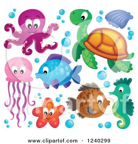 Clipart of Cute Happy Sea Creatures - Royalty Free Vector Illustration by visekart