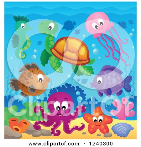 Clipart of Happy Sea Creatures Underwater - Royalty Free Vector Illustration by visekart
