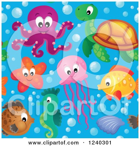 Clipart of a Seamless Background of Sea Creatures in Water - Royalty Free Vector Illustration by visekart