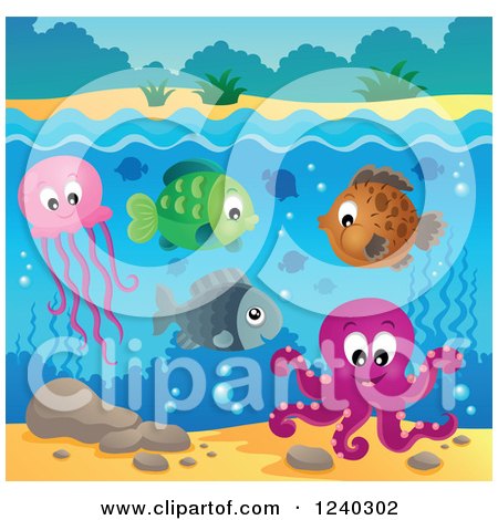 Clipart of Happy Sea Creatures Under the Water's Surface - Royalty Free Vector Illustration by visekart