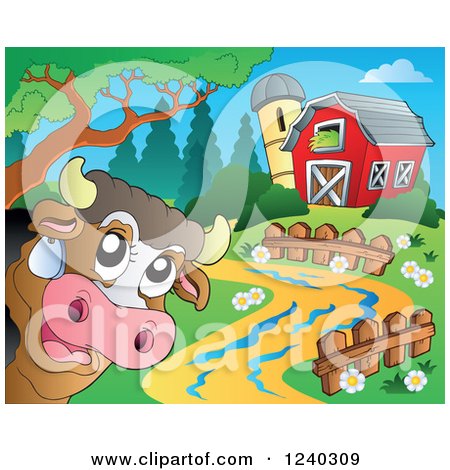 Clipart of a Barnyard with a Cow - Royalty Free Vector Illustration by visekart