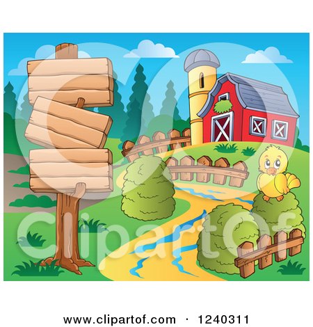 Clipart of a Barnyard with a Chick and Signs - Royalty Free Vector Illustration by visekart