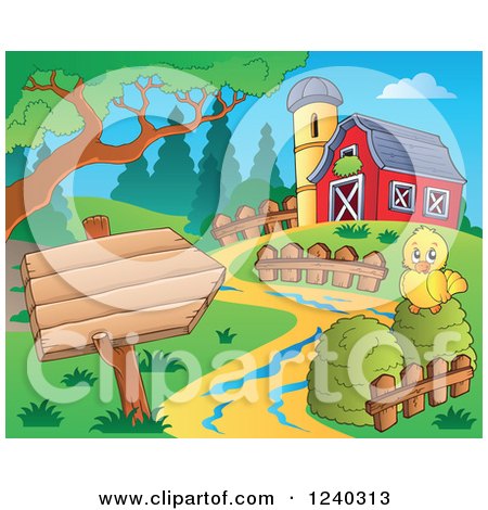 Clipart of a Barnyard with a Chick and Sign - Royalty Free Vector Illustration by visekart