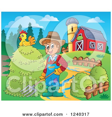 Clipart of a Farmer Guy with a Pitchfork Pile of Hay in a Barnyard - Royalty Free Vector Illustration by visekart