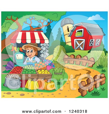 Clipart of a Farmer Guy at a Produce Stand in a Barnyard - Royalty Free Vector Illustration by visekart