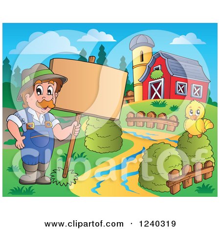 Clipart of a Farmer Guy and Chick with a Sign in a Barnyard - Royalty Free Vector Illustration by visekart