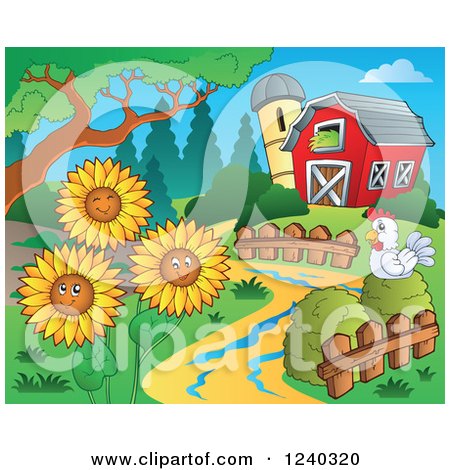 Clipart of a Barnyard with a Chicken and Sunflowers - Royalty Free Vector Illustration by visekart