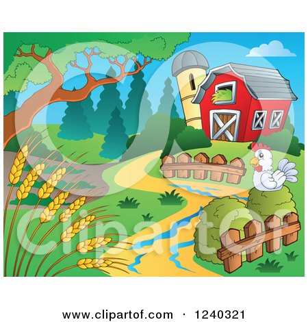 Clipart of a Barnyard with a Chicken and Wheat - Royalty Free Vector Illustration by visekart