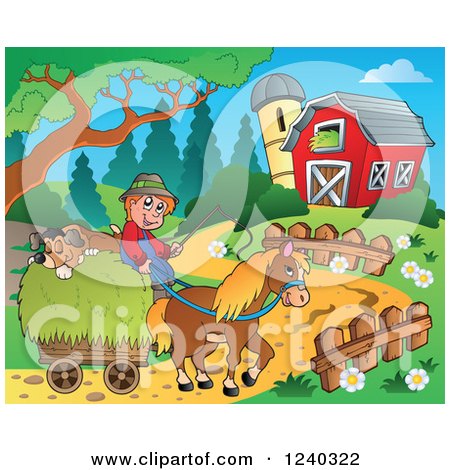 Clipart of a Farmer Guy with a Dog on a Horse Cart - Royalty Free Vector Illustration by visekart