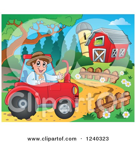 Clipart of a Farmer Guy Operating a Tractor in a Barnyard - Royalty Free Vector Illustration by visekart