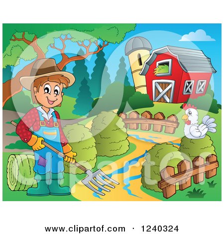 Clipart of a Farmer Guy with a Pitchfork and Chicken in a Barnyard - Royalty Free Vector Illustration by visekart