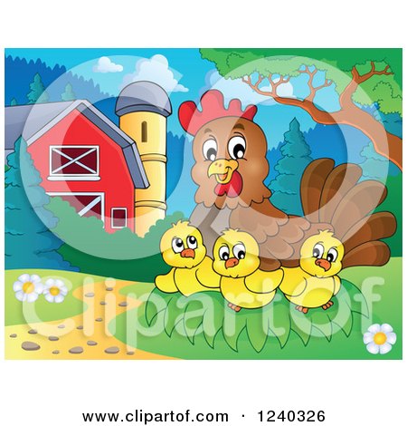 Clipart of a Happy Mother Hen and Chicks in a Barnyard - Royalty Free Vector Illustration by visekart