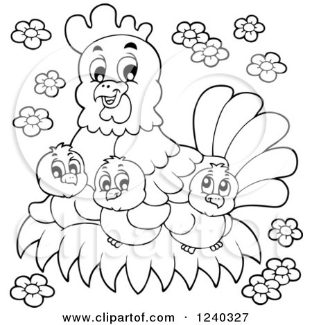 Clipart of a Black and White Happy Mother Hen and Chicks - Royalty Free Vector Illustration by visekart