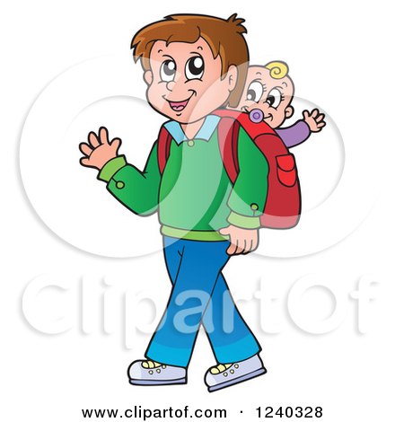 Clipart of a Happy Father Walking with a Baby on His Back - Royalty Free Vector Illustration by visekart