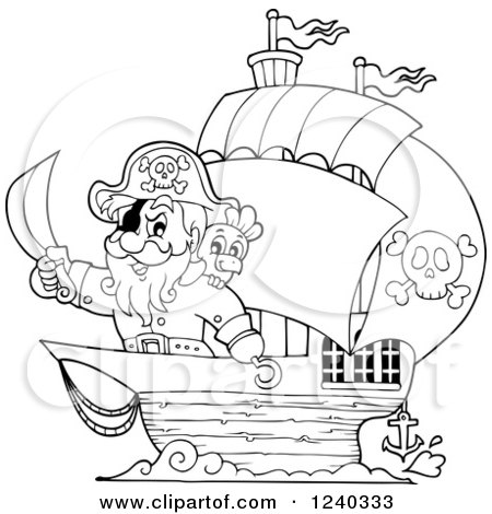 Clipart of a Black and White Pirate Captain and Parrot at the Front of a Ship - Royalty Free Vector Illustration by visekart