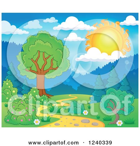 Clipart of a Sun over a Path with Trees - Royalty Free Vector Illustration by visekart