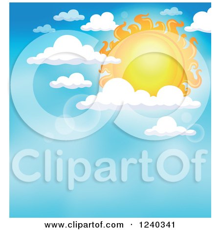 Clipart of a Sun with Flares and Clouds in the Sky - Royalty Free Vector Illustration by visekart
