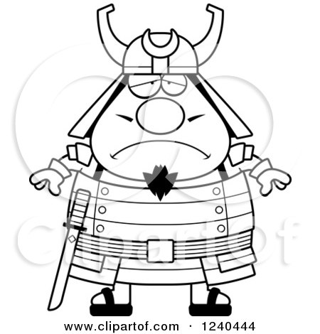 Clipart of a Black and White Sad Depressed Samurai Warrior - Royalty Free Vector Illustration by Cory Thoman