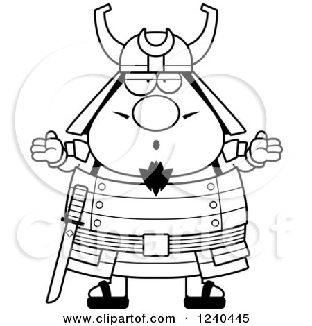 Clipart of a Black and White Careless Shrugging Samurai Warrior - Royalty Free Vector Illustration by Cory Thoman