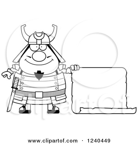 Clipart of a Black and White Happy Samurai Warrior with a Scroll Sign - Royalty Free Vector Illustration by Cory Thoman