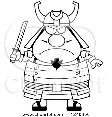 Clipart of a Black and White Tough Samurai Warrior Holding a Sword - Royalty Free Vector Illustration by Cory Thoman
