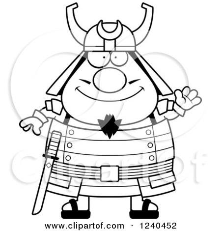 Clipart of a Black and White Friendly Waving Samurai Warrior - Royalty Free Vector Illustration by Cory Thoman