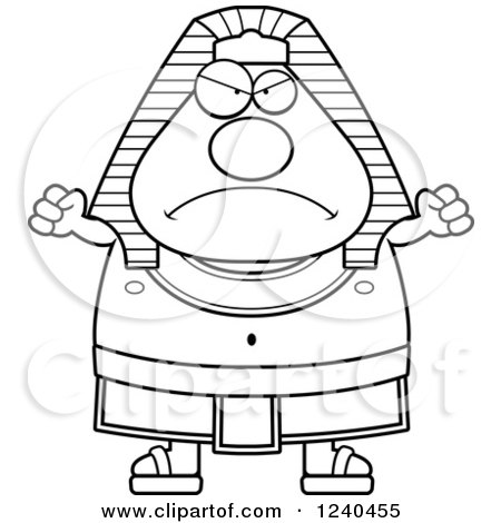 Clipart of a Black and White Mad Ancient Egyptian Pharaoh Holding up Fists - Royalty Free Vector Illustration by Cory Thoman