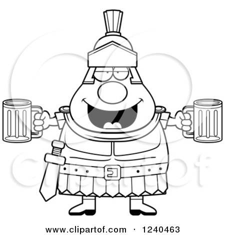 Clipart of a Black and White Drunk Roman Centurion Holding Beer - Royalty Free Vector Illustration by Cory Thoman