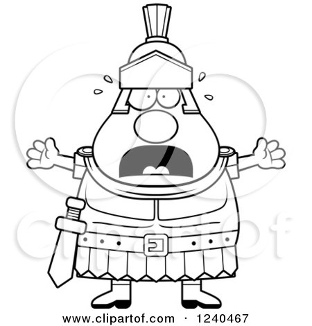 Clipart of a Black and White Scared Screaming Roman Centurion - Royalty Free Vector Illustration by Cory Thoman