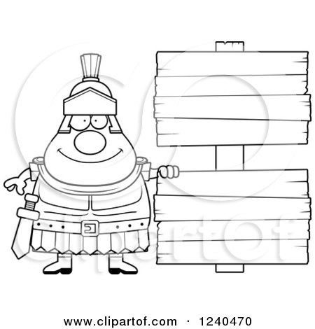 Clipart of a Black and White Happy Roman Centurion with Wooden Signs - Royalty Free Vector Illustration by Cory Thoman