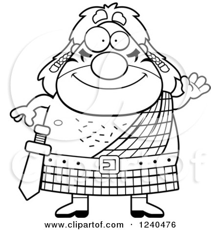 Clipart of a Black and White Friendly Waving Celt Man - Royalty Free Vector Illustration by Cory Thoman