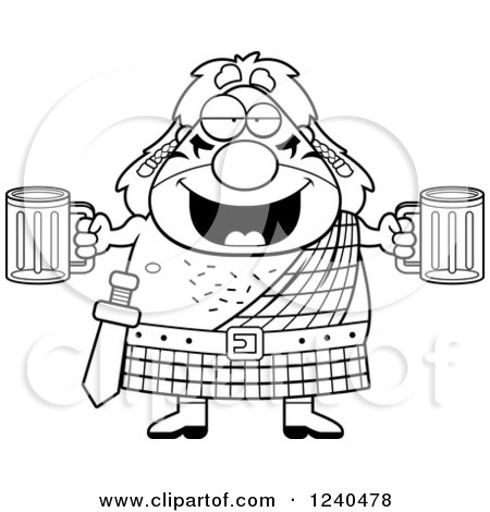 Clipart of a Black and White Drunk Celt Man Holding Beer - Royalty Free Vector Illustration by Cory Thoman