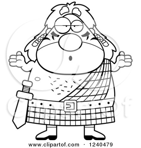 Clipart of a Black and White Careless Shrugging Celt Man - Royalty Free Vector Illustration by Cory Thoman