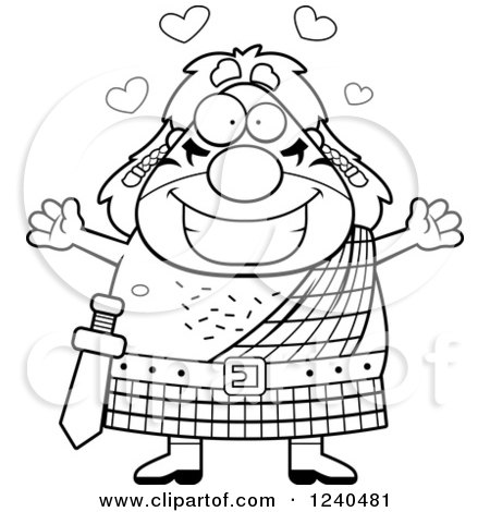 Clipart of a Black and White Loving Celt Man with Open Arms and Hearts - Royalty Free Vector Illustration by Cory Thoman