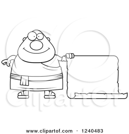Clipart of a Black and White Happy Chubby Buddhist Man with a Scroll Sign - Royalty Free Vector Illustration by Cory Thoman