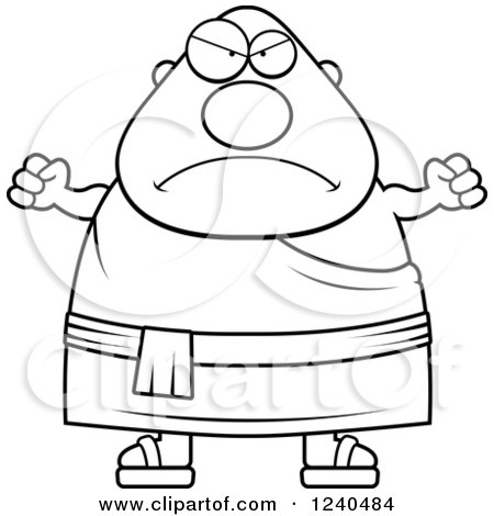 Clipart of a Black and White Mad Chubby Buddhist Man Holding up Fists - Royalty Free Vector Illustration by Cory Thoman