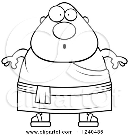 Clipart of a Black and White Surprised Gasping Chubby Buddhist Man - Royalty Free Vector Illustration by Cory Thoman