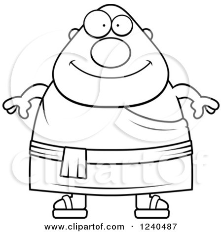Clipart of a Black and White Happy Chubby Buddhist Man - Royalty Free Vector Illustration by Cory Thoman