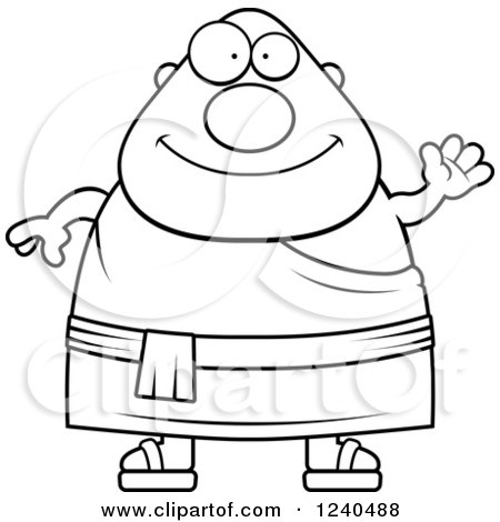 Clipart of a Black and White Friendly Waving Chubby Buddhist Man - Royalty Free Vector Illustration by Cory Thoman