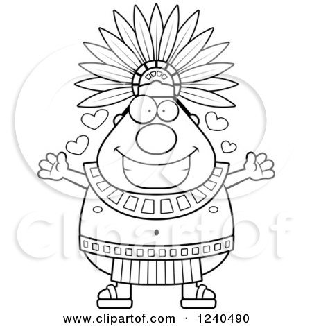Clipart of a Loving Aztec Chief King with Open Arms and Hearts - Royalty Free Vector Illustration by Cory Thoman