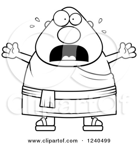Clipart of a Black and White Scared Screaming Chubby Buddhist Man - Royalty Free Vector Illustration by Cory Thoman