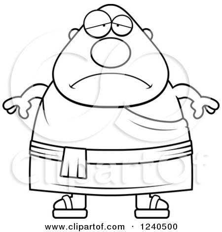 Clipart of a Black and White Sad Depressed Chubby Buddhist Man - Royalty Free Vector Illustration by Cory Thoman