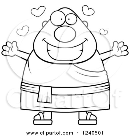 Clipart of a Black and White Loving Chubby Buddhist Man with Open Arms and Hearts - Royalty Free Vector Illustration by Cory Thoman